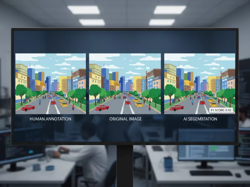 Image showing a computer in which a differentiating factor is shown between human annotation, original image, and AI segmentation. This technique is semantic segmentation. Image showing a computer in which a differentiating factor is shown between human annotation, original image, and AI segmentation. This technique is semantic segmentation.<br />