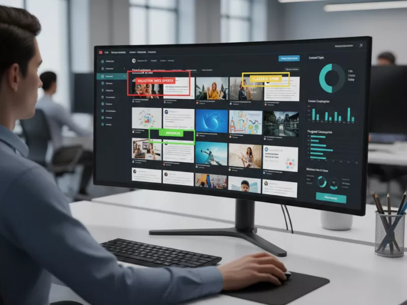 Person monitoring a grid of flagged social media posts and data Person monitoring a grid of flagged social media posts and data