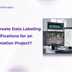 Title slide "How to Create Data Labeling Specifications" featuring a multi-monitor workstation