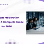 Title card for Annotation Box's 2026 content moderation guide with professionals at a screen