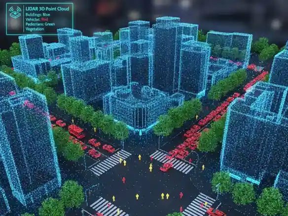 LiDAR 3D point cloud data, used by self driving vehicles, shows a city intersection. LiDAR 3D point cloud data, used by self driving vehicles, shows a city intersection.