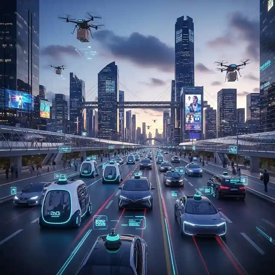 Futuristic smart city with autonomous vehicles and drones, enabled by video annotation services.