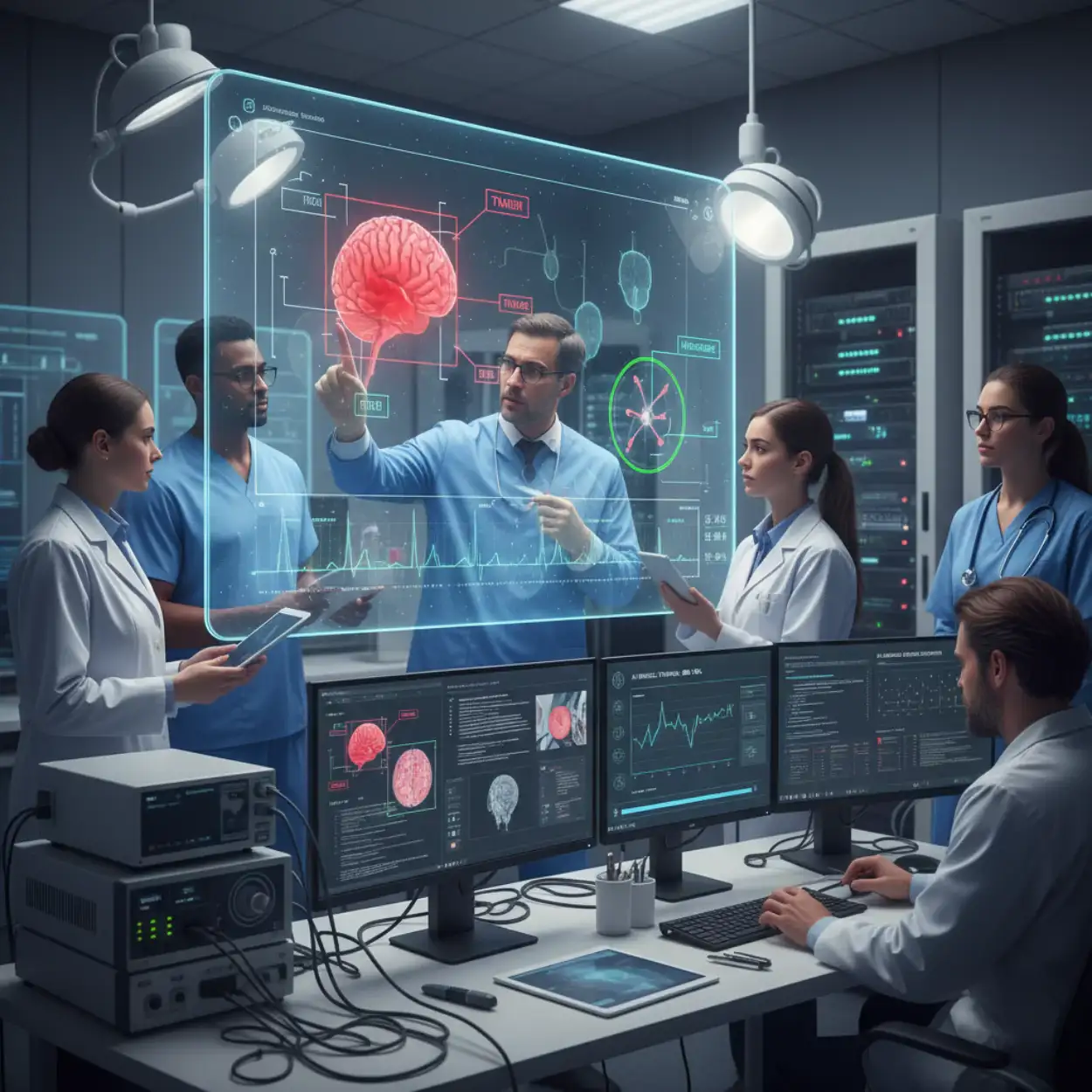 Medical team analyzing brain data with AI-powered video annotation services in a smart lab.