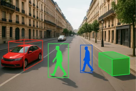 Street view featuring a red car and pedestrians outlined with 3D cuboids and silhouettes. Street view featuring a red car and pedestrians outlined with 3D cuboids and silhouettes.