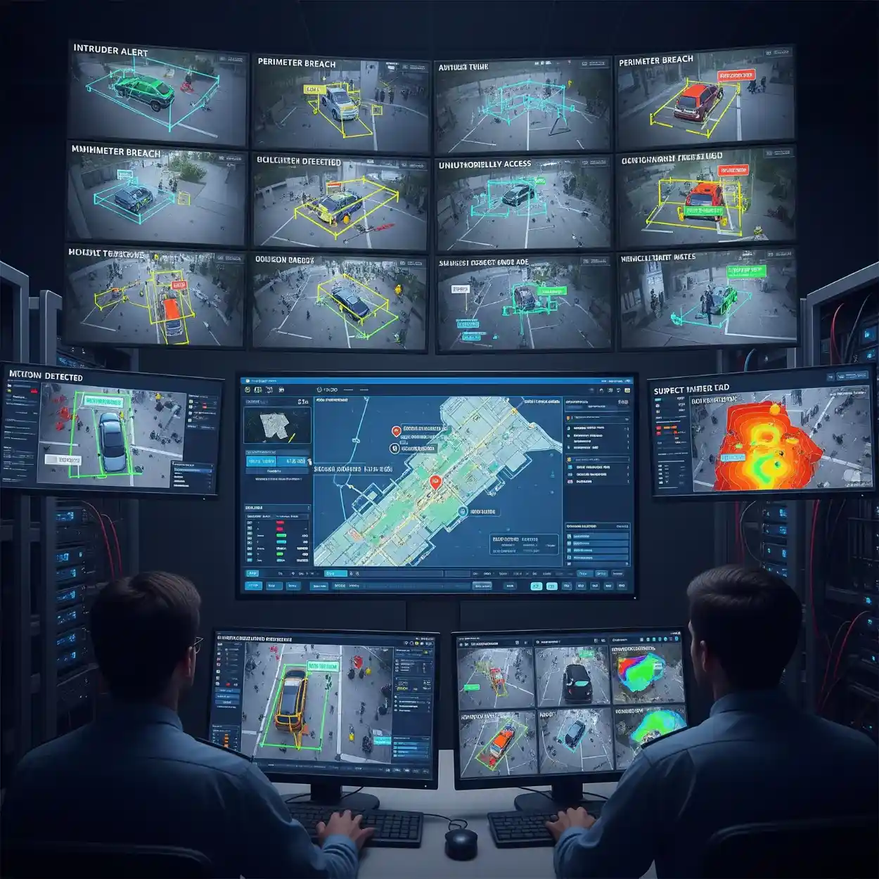 Security control room using video annotation services for real-time surveillance and threat detection.