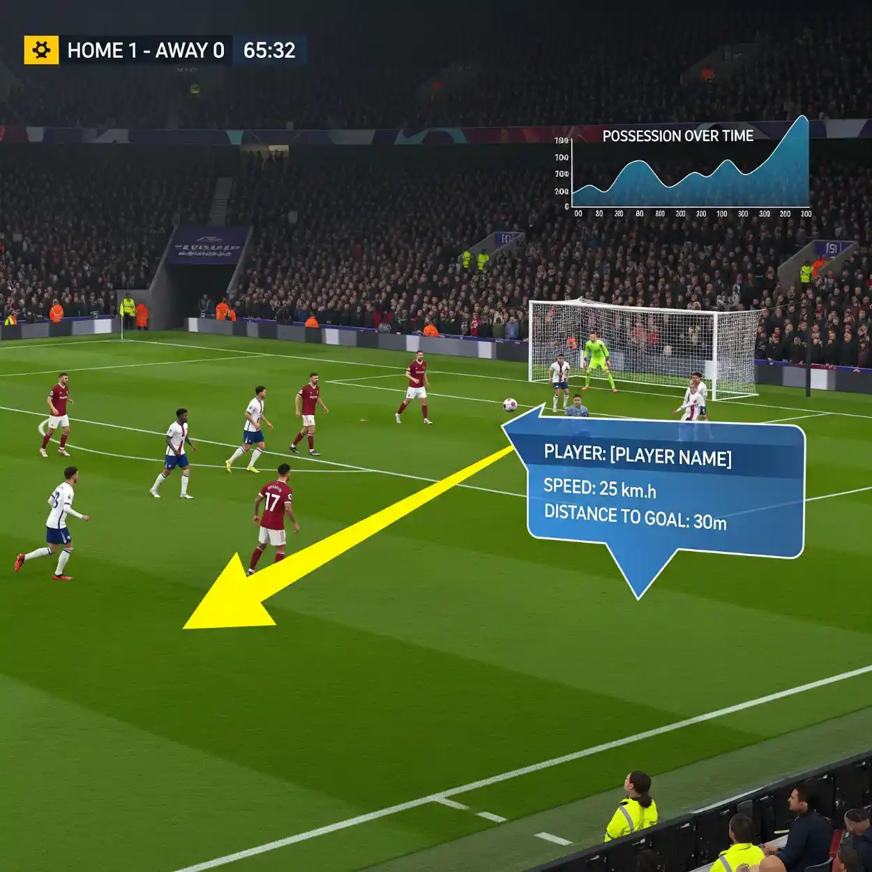Soccer match analysis using video annotation services to track player speed and distance to goal.
