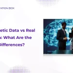 Synthetic data vs real data concept with AI dashboard, laptop, and machine learning scene.